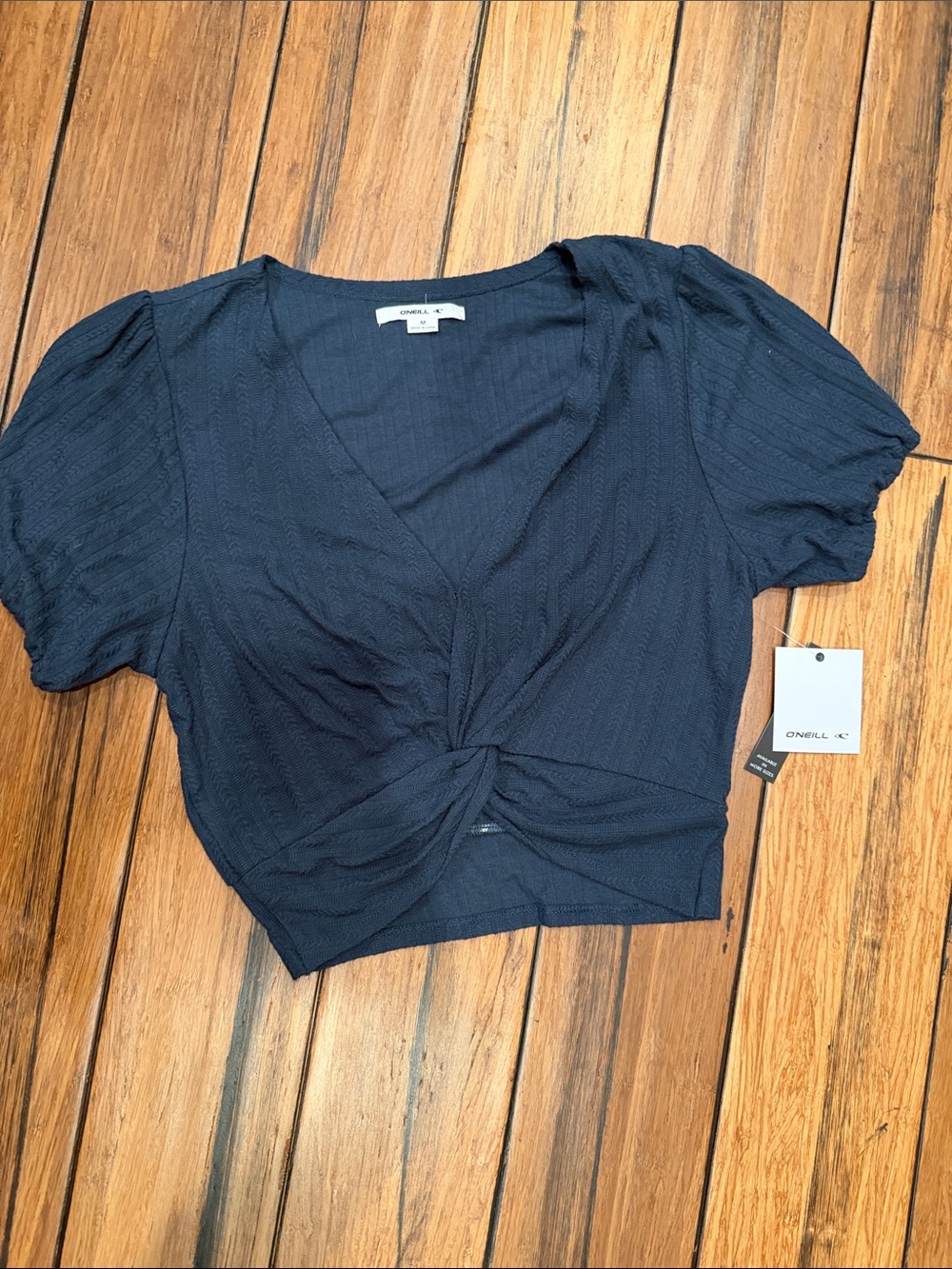 O'Neill Navy Twist-Front V-Neck Puff-Sleeve Crop Top